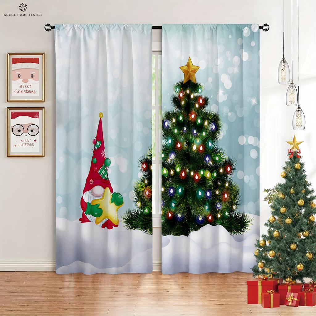 Cartoon Weihnachten Schneemann Weihnachtsmann Druck Fenster Vorhang, Schlafzimmer, Wohnzimmer, Neujahrsdekoration, Weihnachtsgeschenk, 2 Stück