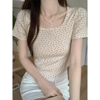 Summer New Style Bm Floral Short-sleeved T-shirt for Women, Square Collar, Curved Hem, Slim Fit, Versatile Top for Small People