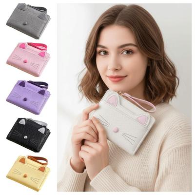 Cute Short Cat Wallet Zipper Multi Card Position Cartoon Wallet Pu Leather with Lanyard Student Card Coin Purse Girls