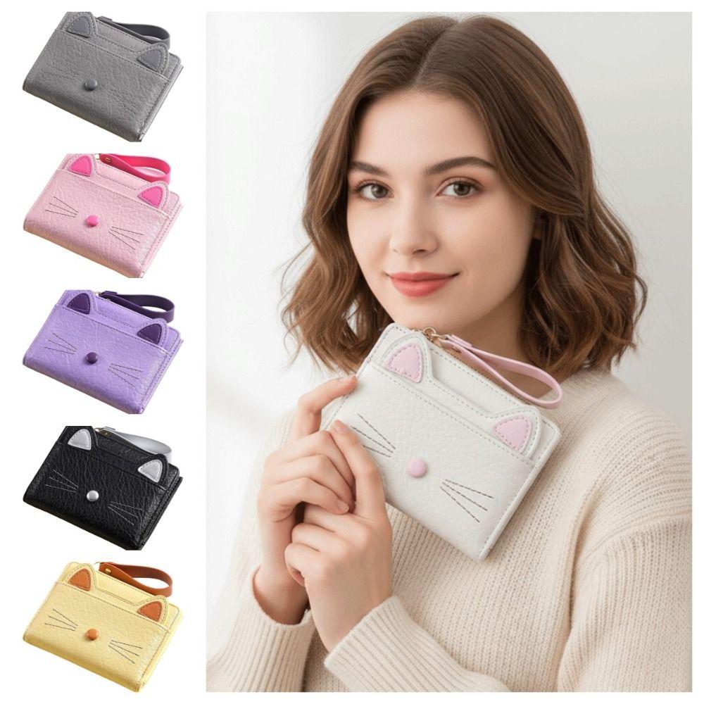 Cute Short Cat Wallet Zipper Multi Card Position Cartoon Wallet Pu Leather with Lanyard Student Card Coin Purse Girls