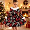 Kids Long Sleeve Christmas Dress, Snowman Print Faux Fur Collar Bow Decor Princess Dresses for Girl Holiday Party Wear