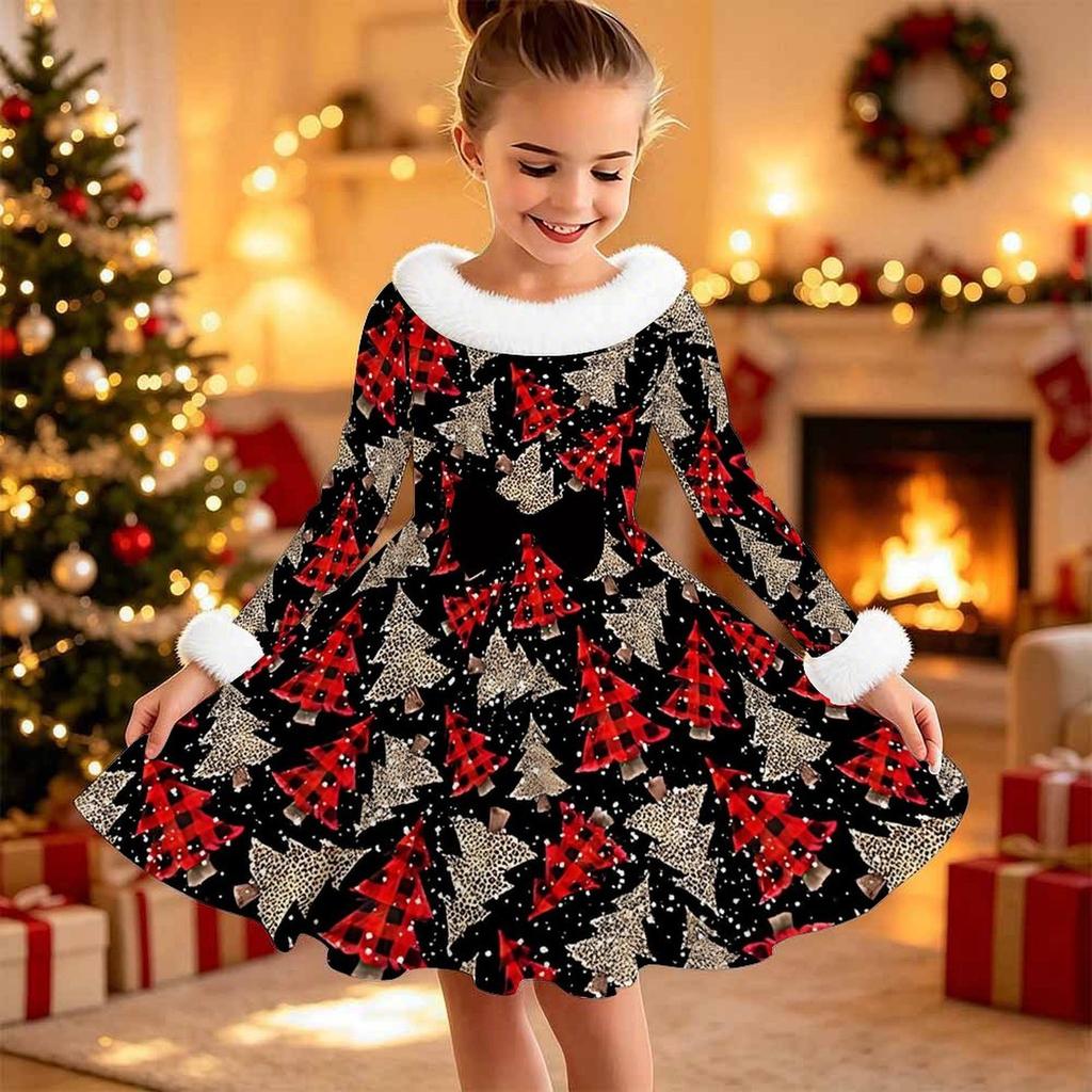 Kids Long Sleeve Christmas Dress, Snowman Print Faux Fur Collar Bow Decor Princess Dresses for Girl Holiday Party Wear