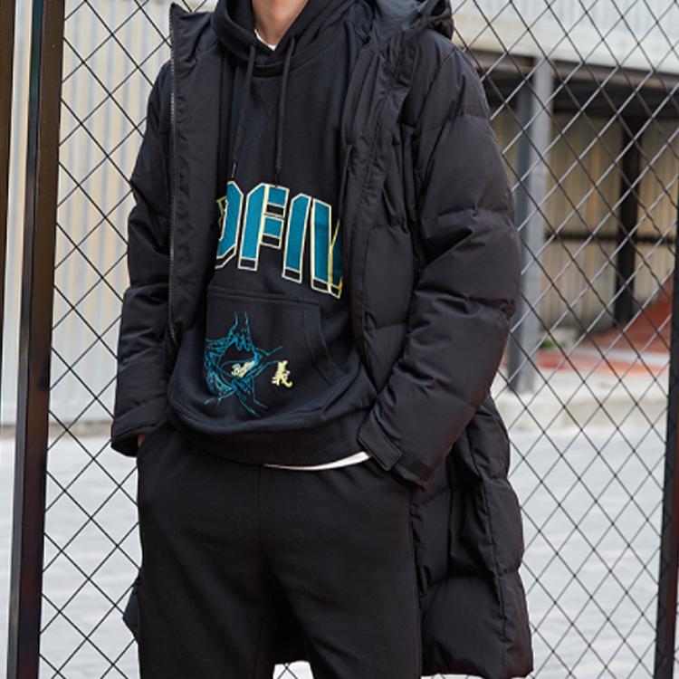 Li Ning Basketball Series Windproof Warm Mid-Length Hooded Down Jacket Men Outerwear Black AYMQ099-1