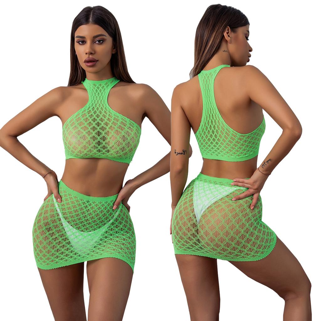 Pretty Girls Two Pieces Green Tops and Skirt Sexy Lingerie Set Erotic Nylon Fishnet Bodystocking for Women
