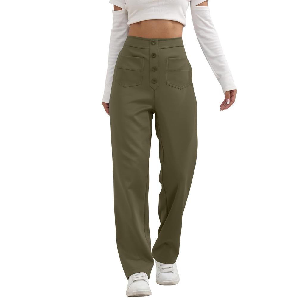 Women's Fashionable Solid Color Straight Leg Pants With High Waist Button Pockets And Elastic Waist Casual Pants