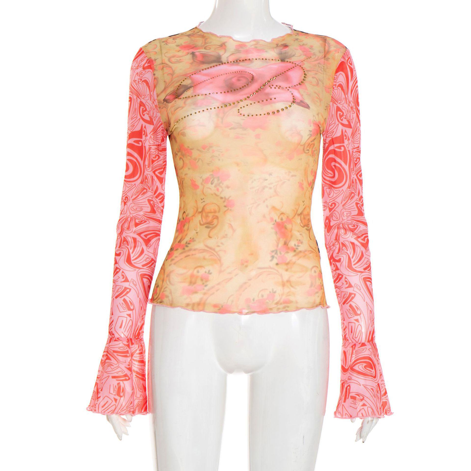 Q25TP239 Women s Sexy Leopard Print Rhinestone Long Sleeve T-Shirt - Summer & Autumn Collection Medium розовый