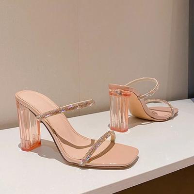 Damen Hausschuhe 2025 Sommer Neue Mode Offene Zehen Strass High Heel Hausschuhe Damen Transparent Absatz Schuhe für Frauen Zapatos