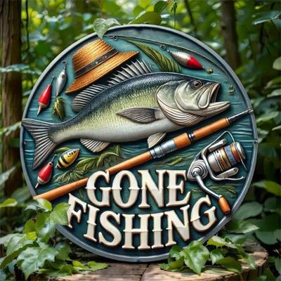Metal Tin Sign Anglers Welcome Fishing Wall Decor 8 Inch Rustic Round Art