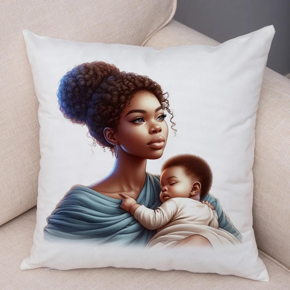 Africa Mom And Baby Pillow Case Decor Cartoon Beautiful Black Women Cushion Cover For Sofa Home Short Plush Pillowcase 45X45Cm