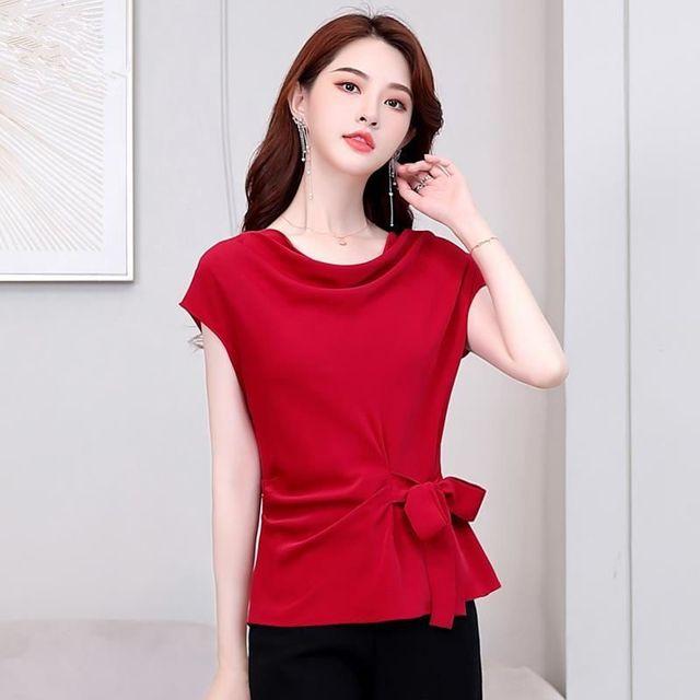 Chiffon Shirt Women's New Summer Fashiona Age Reducing French Short Sleeve Blouse Solid Color Bottoming Top