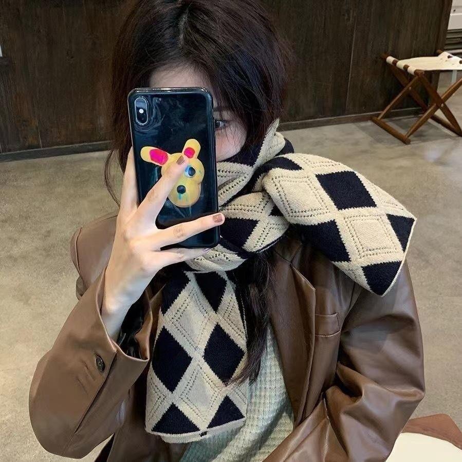Winter Korean Style Versatile Warm Scarf Women's Knitted Thickened Diamond Plaid Retro Lazy Style Neck Warmer