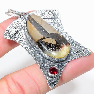 Natural Septerian Stone, Garnet Gemstone 925 Sterling Silver Pendant 2.56" J7k71