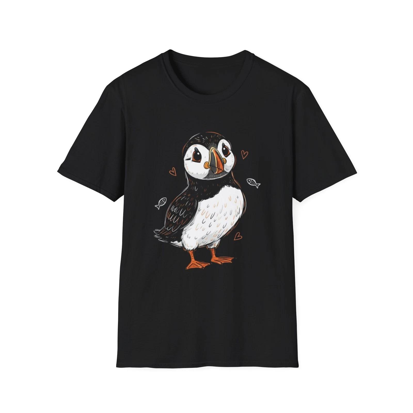 Puffin Cute Hand-drawn Animal Black Tee Nature Kawaii Graphic T-Shirt S