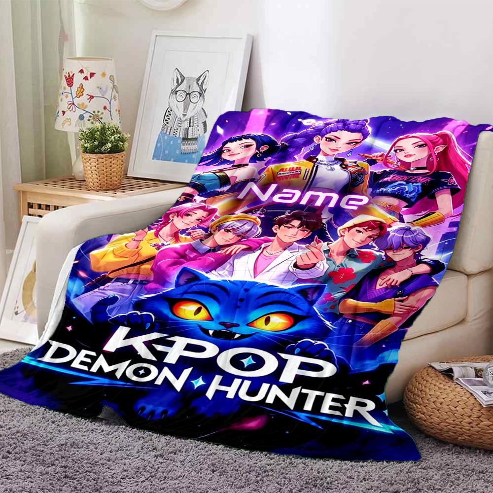 Custom Name Kpop Demon Hunters Theme Printed Blanket Perfect For Couch Bed Travel Outdoor Use Machine Washable Cozy Durable