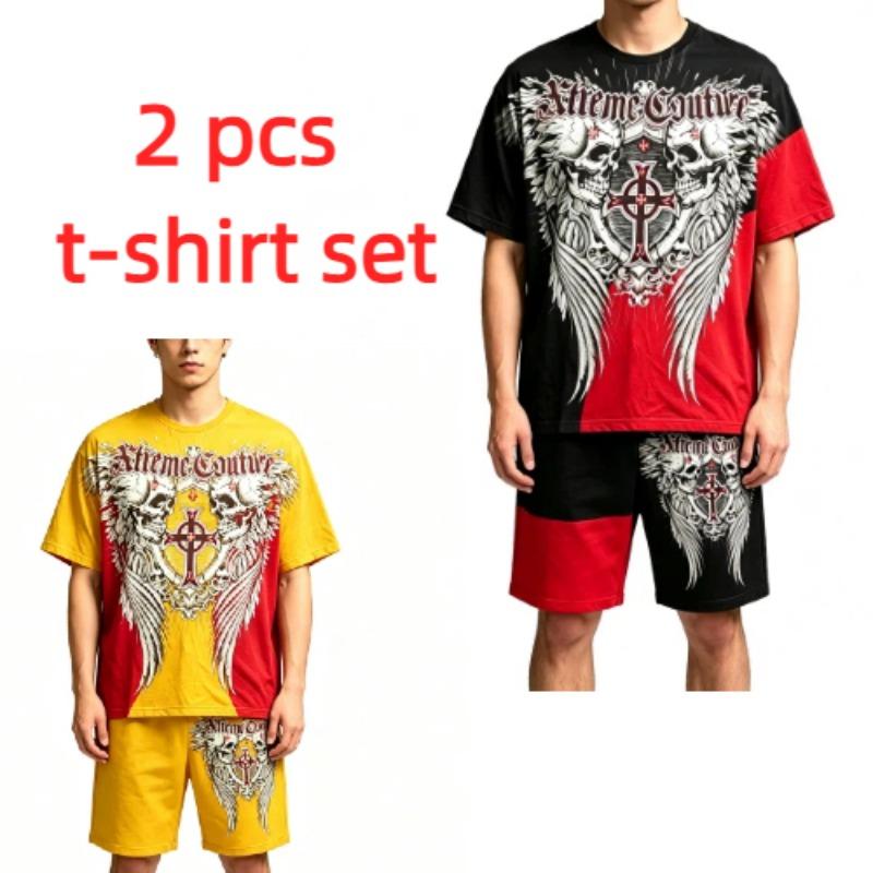 Summer Fashion Casual Retro Skull Angel Wing Printed Round Neck Short Sleeved T-Shirt And Shorts Set Men's and Women's T-shirt Shorts Set