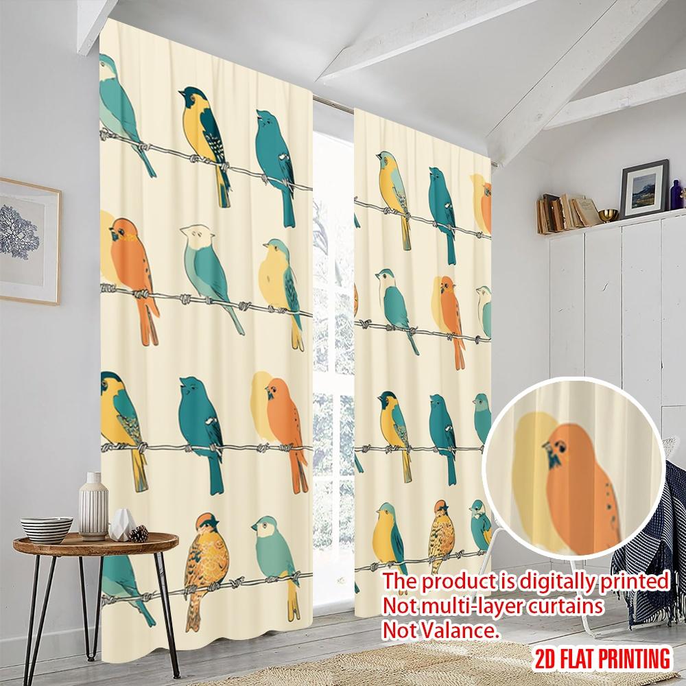 2Pcs,2D Plane Printing Curtains&Window Treatment Colorful Birds On Branches Polyester (Without Rod) Outdoor Decorations Ldeal
