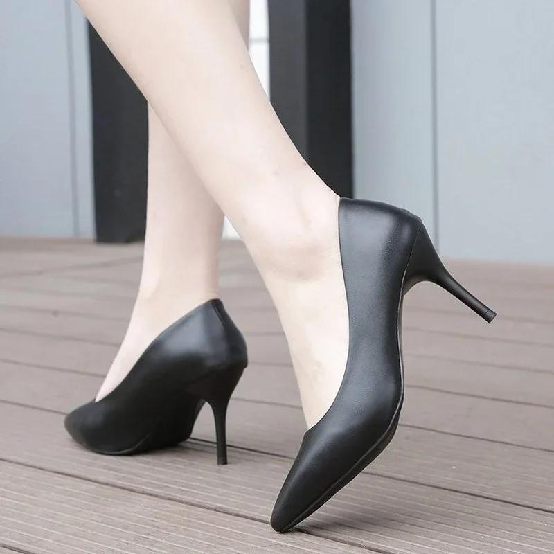 New Comfortable Leather Women Black White Wedding Shoes Bride Low Med Thin High Heels Office Work Pumps for Woman
