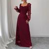 Damen Elegantes Quadratischer Ausschnitt Blasenärmel Langarm Mesh-Einsatz Jacquard Maxikleid 3D Schlankmachend A-Linie Schwingend Langkleid