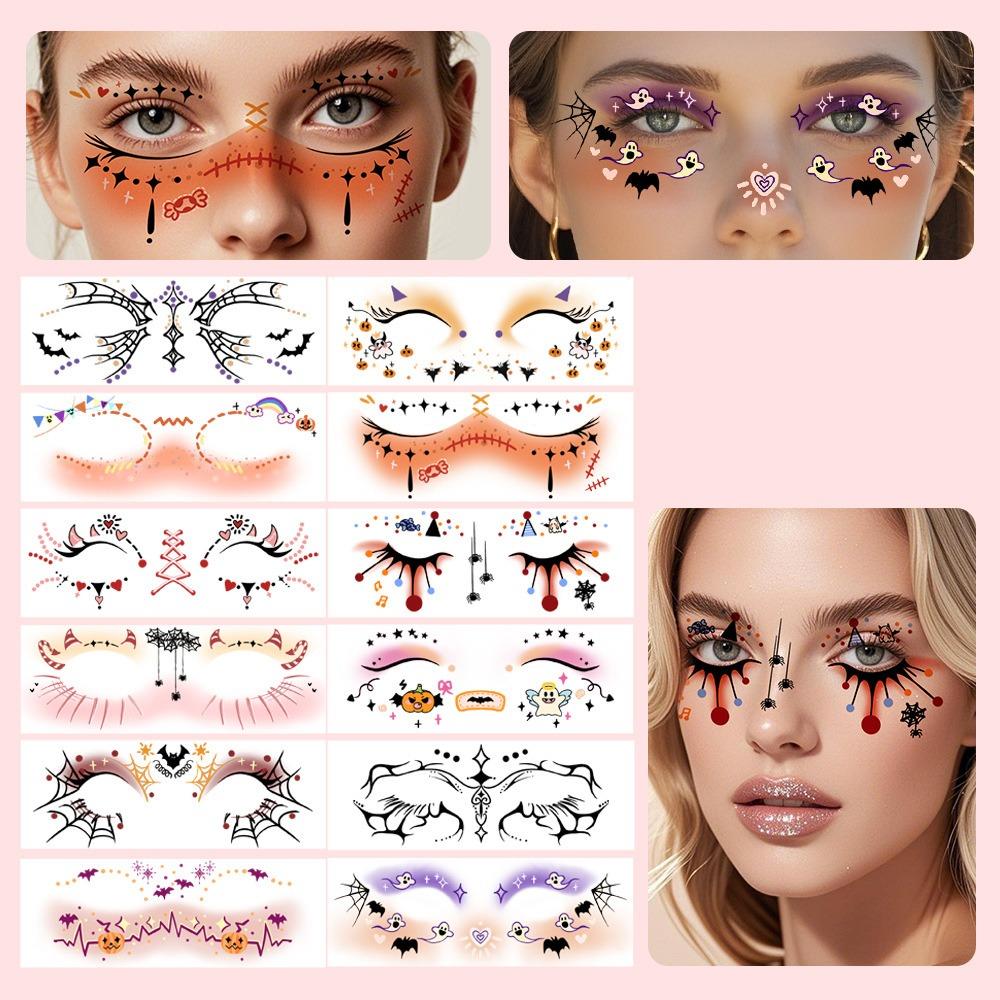 12pcs Waterproof Halloween Face Tattoo Portable Halloween Bat Face Stickers  Enhance Atmosphere
