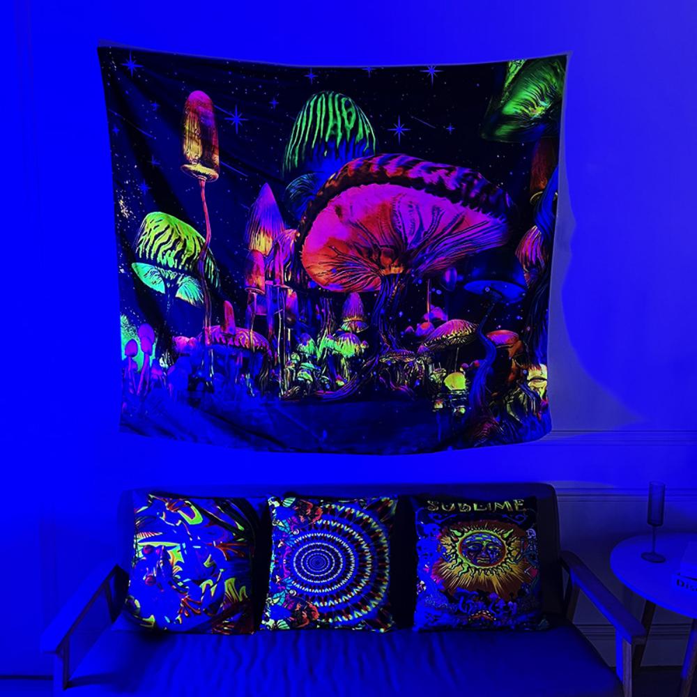 Fluorescent Tapestry Halloween Decoration Mushroom Tarot Luminous Hanging Cloth Room Luminous Tapestry Wall Cloth