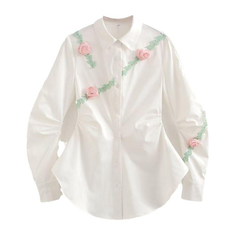 

Kaslead New Arrival Women s Clothing Fashion Style Fashion Minimalist Three-Dimensional Floral Trim Waist Trimming Shirt White L