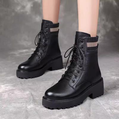 Soft Leather Martin Boots Women's Spring and Autumn Single Velvet Boots 2025 British Velvet Thick-soled Mid-heeled Boots Women