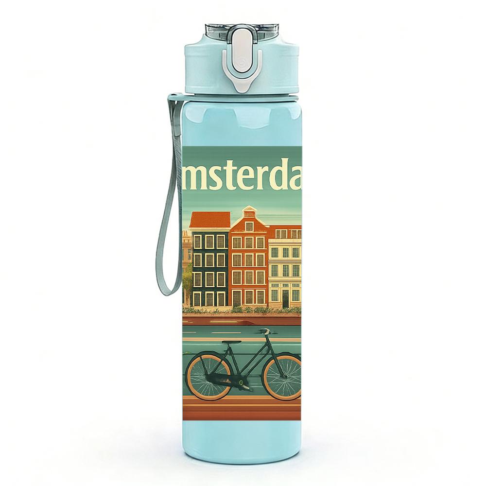 1PC Amsterdam Vintage Building 750ml Color Plastic Sports Water Bottle Leakproof Flip Straw Lid For Sports Office Home Use
