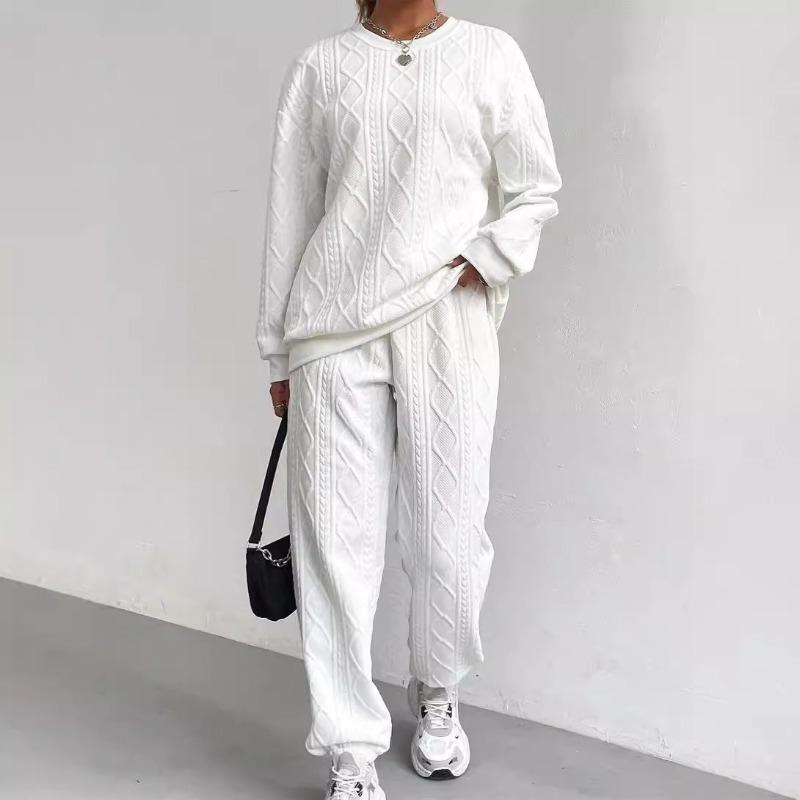 Women's Crew Neck Cable Knit Textured Long Sleeve Sweatshirt & Jogger Pants 2 Piece Loungewear Tracksuit Set