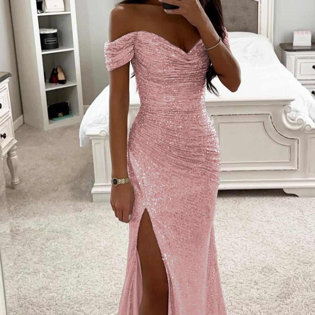 Womens Dresses New Party Sequin One Line Neckline Slit Dress Casual Fashion Dress for Women