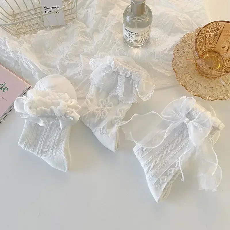 Mid-tube Solid Bow Ruffle Socks Kawaii Lolita Short Socks Cotton Socks Japanese Stockings Women's Stockings
