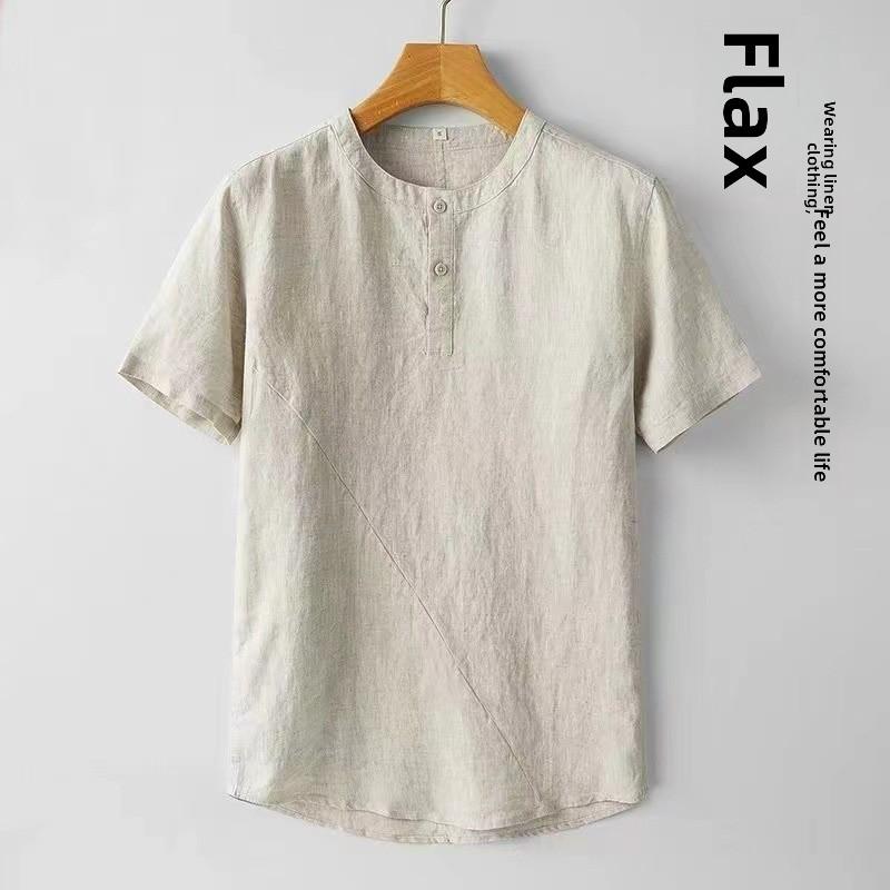 Casual Men's Cotton Linen Blouse Summer Spring O-Neck Button Short Sleeve Beachwear Holiday Blouse Tops