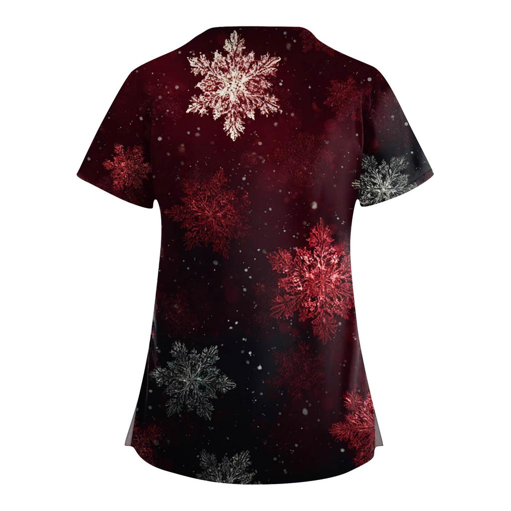 Dámská móda Výstřih do V Krátký rukáv Pracovní oděv s kapsami Vánoční potisk Top Uniforma pečovatele