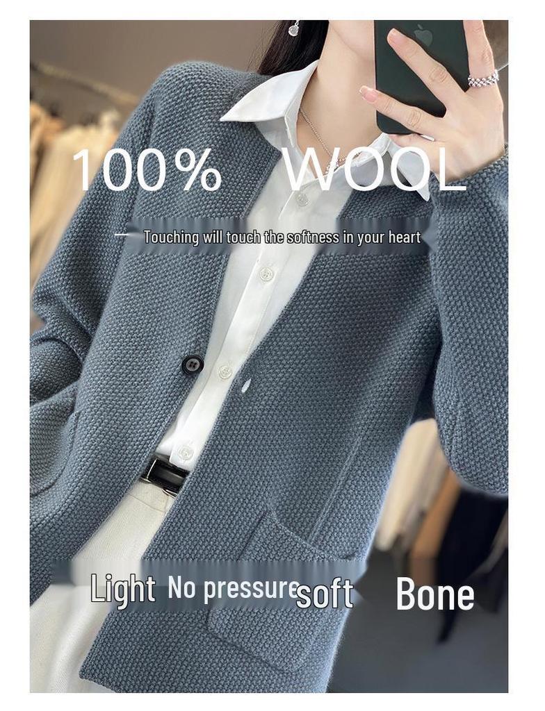 Cozy 100% Wool Knitted Stand-Up Collar Cardigan - Women's Spring & Autumn Loose Outerwear, Versatile Fashion Sweater