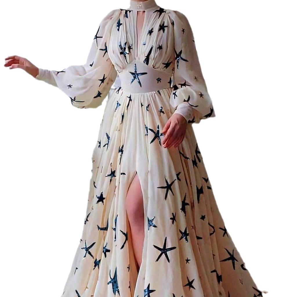 YX2025 new multi-color mass stock semi-turtleneck sequin slit lantern sleeve big pendulum dress chiffon dress