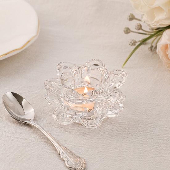 huaqianguhh Crystal Lotus Flower Tealight Candle Holders, Glass Tea Light Candlestick Decor with Deep Grooved Plate, Multifunctional Decoration