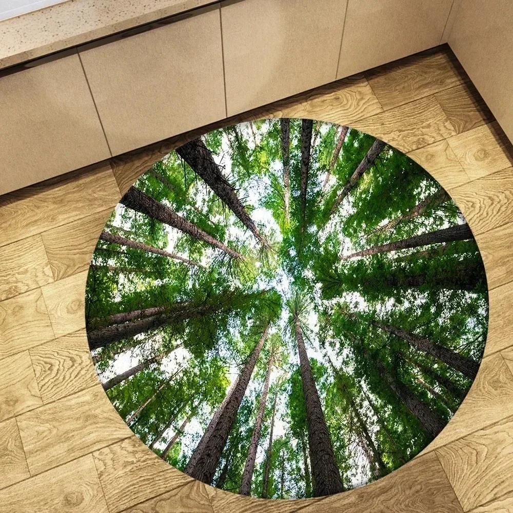 Crystal Velvet Forest Landscape Round Rug,Tree Print Non Slip Floor Mat for Living Room,Bedroom,Dorm,Home Decor,Circle Area Rug