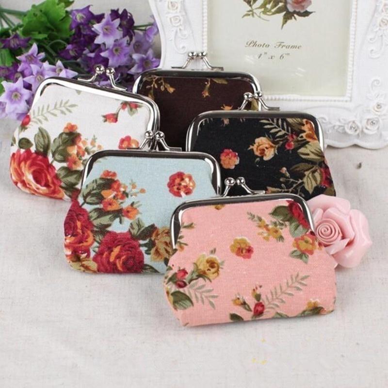 Women Girl Retro Rose Flowers Printed Hasp Canvas Coin Purse Wallets Buckle Pouch Bag Gift 1 Pc