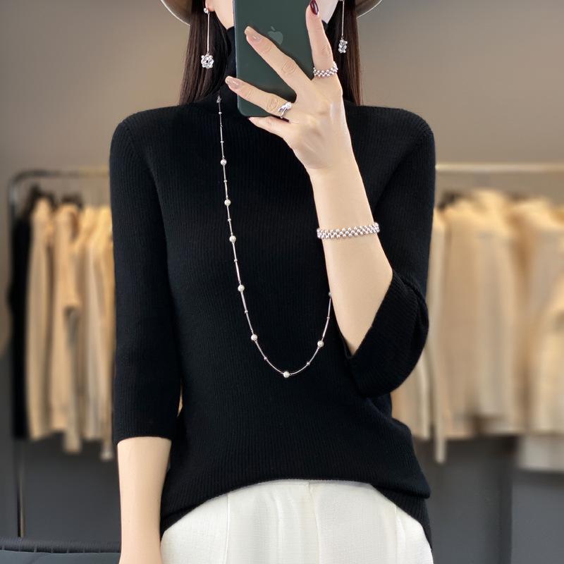 Women's Slim-Fit Seven-Sleeve Wool Sweater - High-Neck Versatile Knit for Autumn/Winter