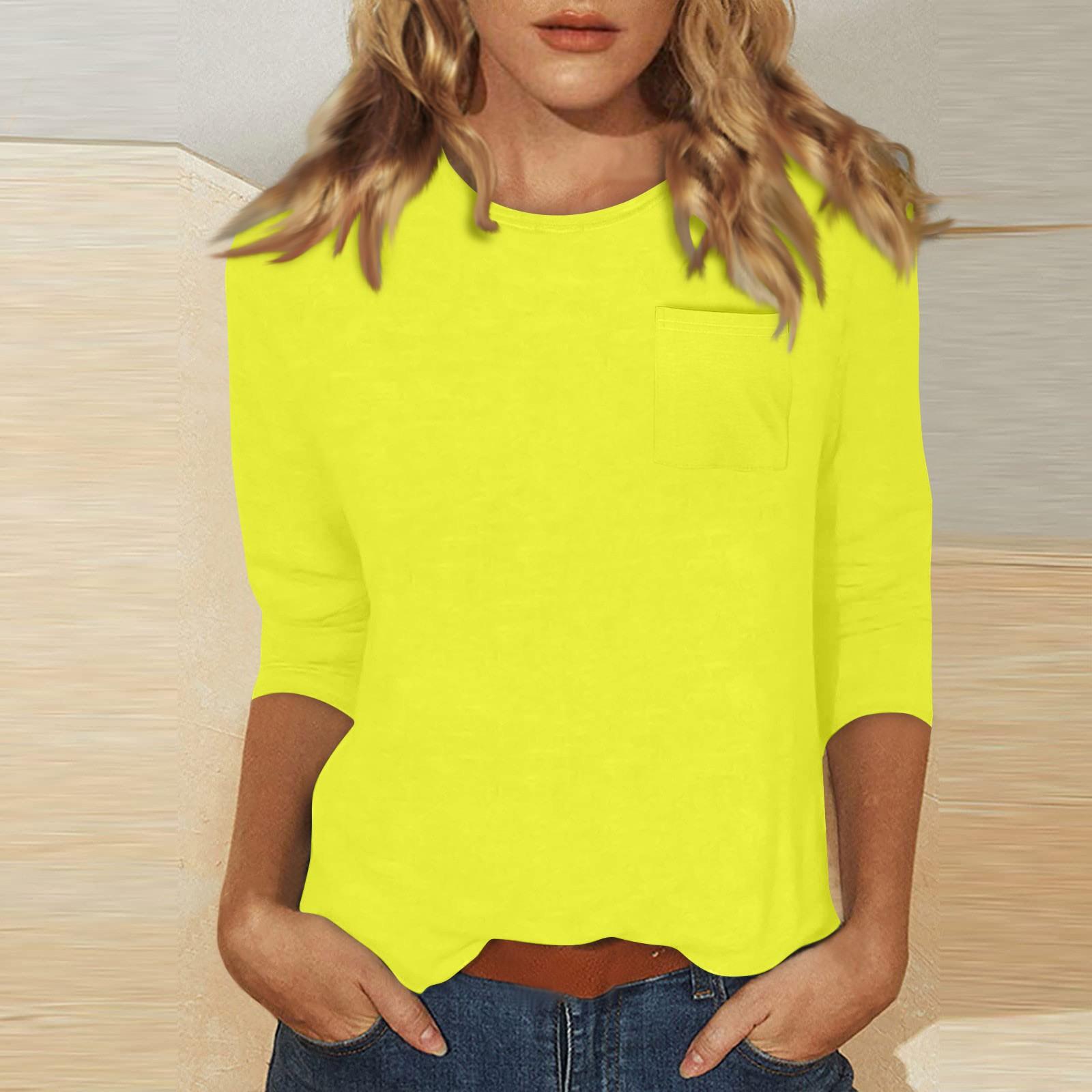 

Женский повседневный однотонный топ с круглым вырезом и рукавами три четверти с карманами XL жёлтый