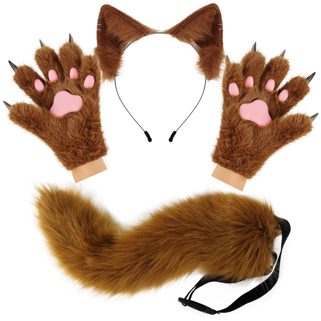Fluffy Cat Ears Cat Long Tail Plus Cute Cat Paws Gloves Set Cosplay Costume Accessories Halloween Carnival Party Dress Up