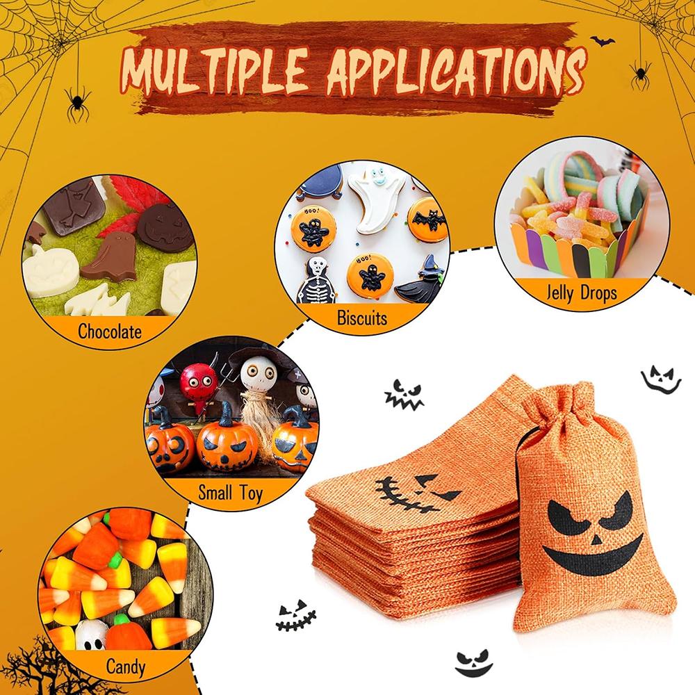 16pcs Pumpkin Burlap Candy Bags Spooky Drawstring Bag Trick or Treat Gifts for Kids Birthday Halloween Party Decoration Supplies