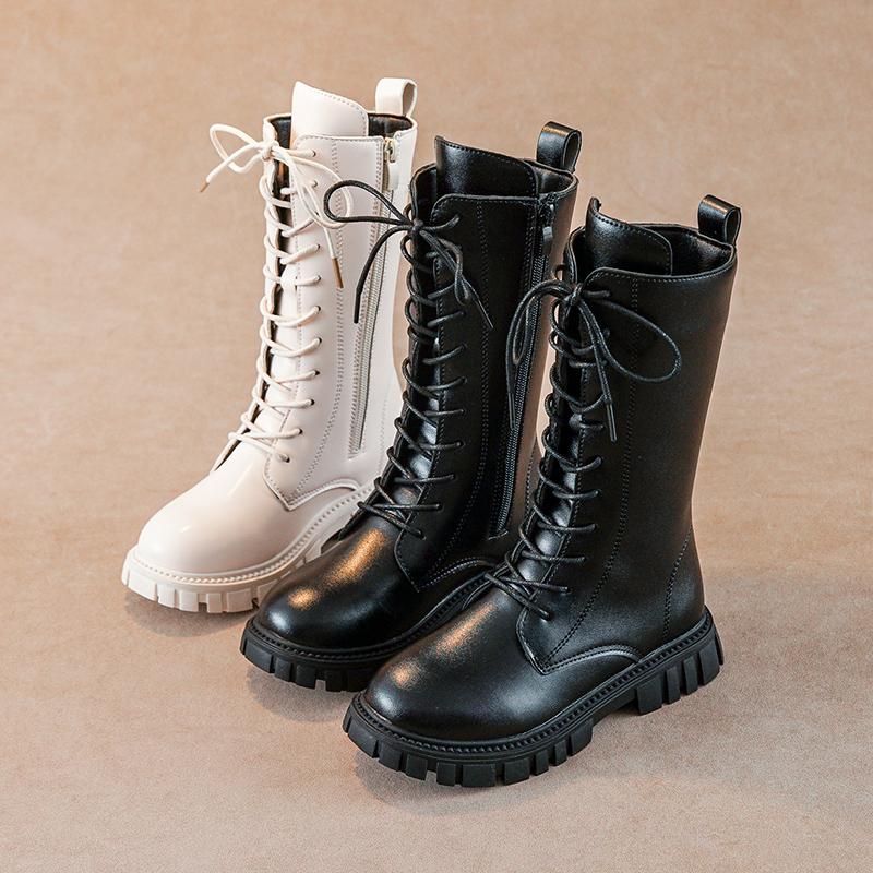 Kids Girls Mid-calf Boots Black Narrow Band Non-slip 2024 Solid Color Princess Catwalk Shoes Children Versatile Free Shipping