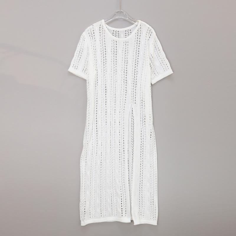 Summer Women's Retro Hollow Solid Color Short Sleeve Cover-up Temperament Medium Long Round Neck Loose Dresses