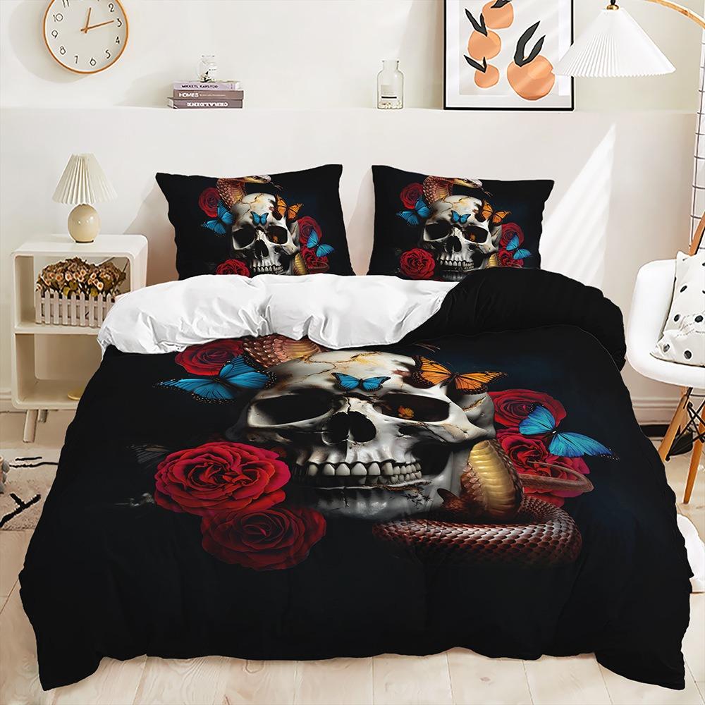 3D Gedrucktes Schädel Blumen Bettwäsche Set King Queen Bett Daunen Bettbezug Kissenbezüge 2/3tlg. Männer Jungen Teenager Bezug Halloween Geschenk