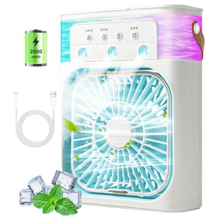 Portable Air Conditioners for bedroom and office, white ABS plastic mini air cooler fan with 2000mAh battery, 500ML tank, 3-spe