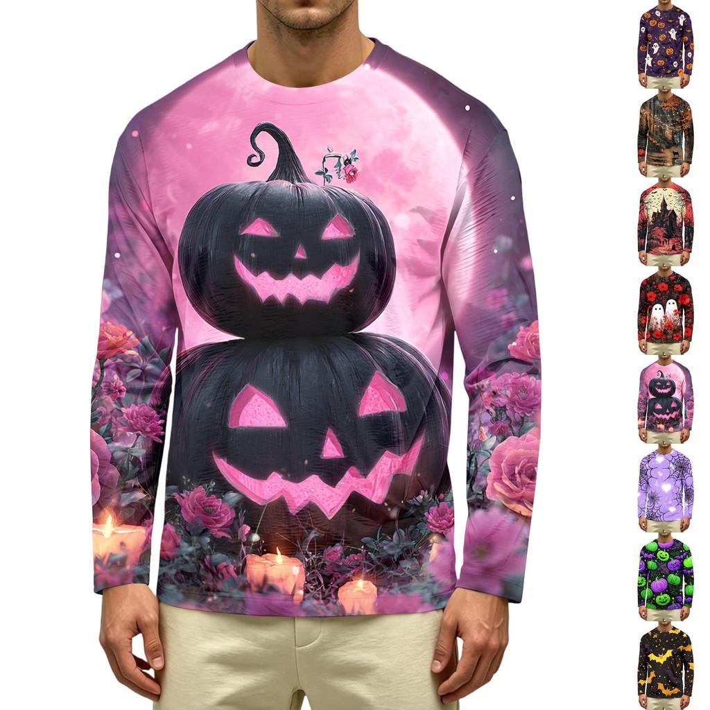 Men's Casual Long Sleeve T Shirt Crew Neck Halloween Pumpkin Print Lightweight Comfortable Fit Top for Everyday Wear