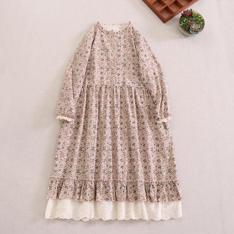 Vintage Floral Long Sleeve Dress, Women Casual Lace Hem Loose Swing Dress, Spring Elegant Slim Long Dress
