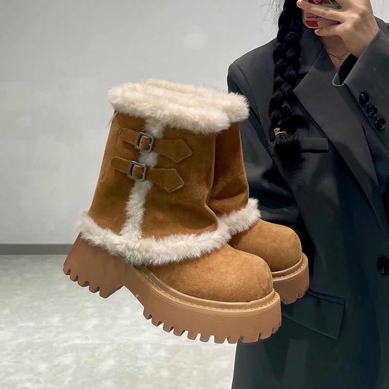 Niche thick heel thick sole heightening snow boots women's 2025 autumn and winter new velvet thickened warm big head Northeast cotton boots