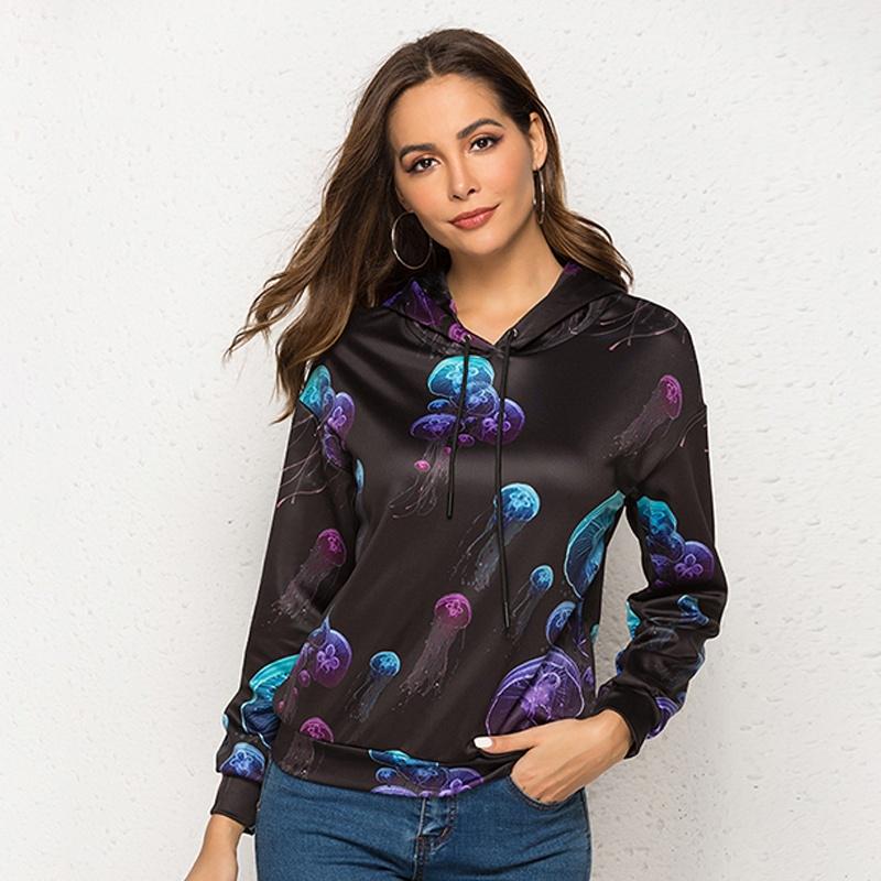 Women Jellyfish Printed Drop Shoulder Hooded Sweatshirt Long Sleeved Sweatshirt