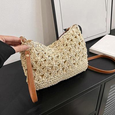 Damen Strandtasche aus gewebtem Stroh, Schultertasche, Umhängetasche, Boho, aushöhlen, gehäkelte Umhängetasche, Makramee-Geldbörse